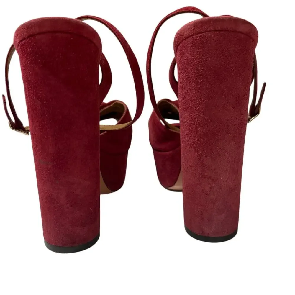 Aquazzura Mira Red Suede Platform Heels IT 37.5 US 7.5 Block Slingback Sandals
